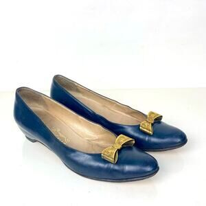 FERRAGAMO Vintage Navy Blue Leather Shoes Heels Brass Bows - Size 8.5 AAAA